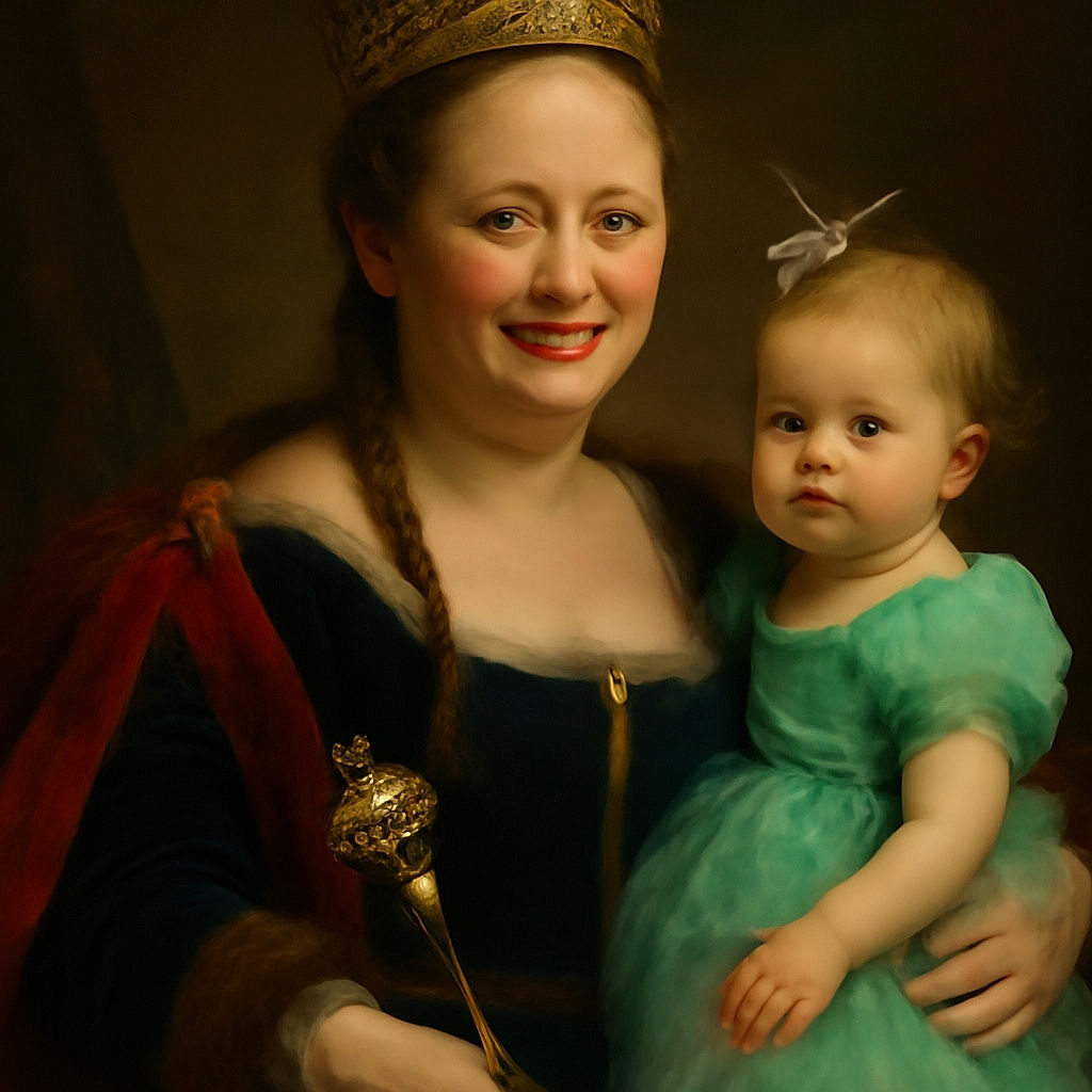 A cheerful woman with colorful braided hair holding a cute toddler dressed in a turquoise tutu dress with a pacifier, both sharing a cozy moment indoors with soft lighting and a simple background.