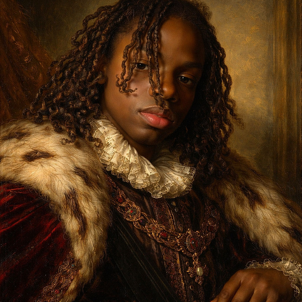 A dimly lit close-up portrait of a child with dreadlocks partially covering their face, wearing a red shirt and holding their hand near their chin, creating a moody and introspective vibe.