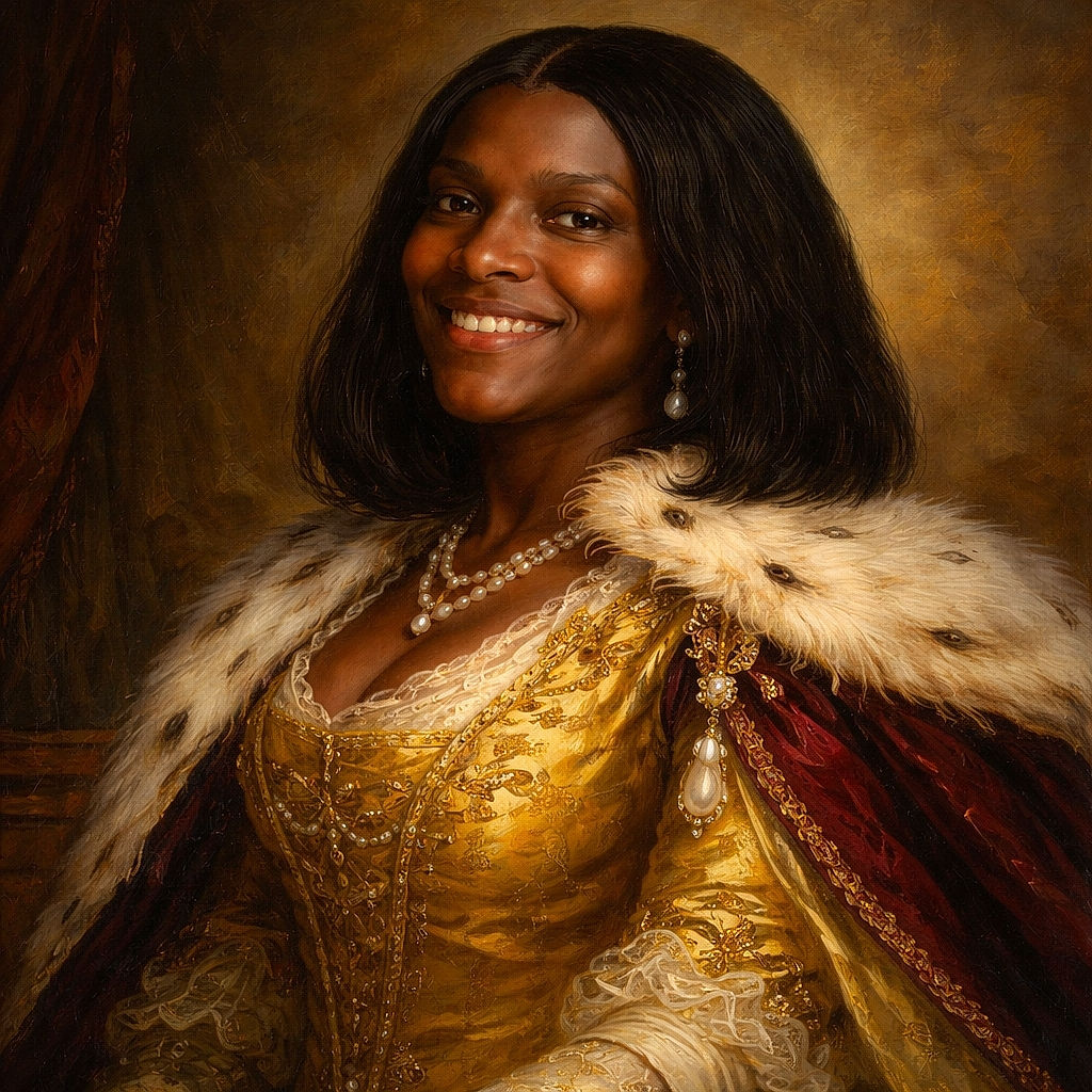 A warm, slightly blurry vintage snapshot of a smiling woman in a yellow top holding a toddler in colorful overalls in front of a louvered shutter — looks like a candid family moment captured mid-laugh, colors a bit soft and edges a touch fuzzy like an old print.