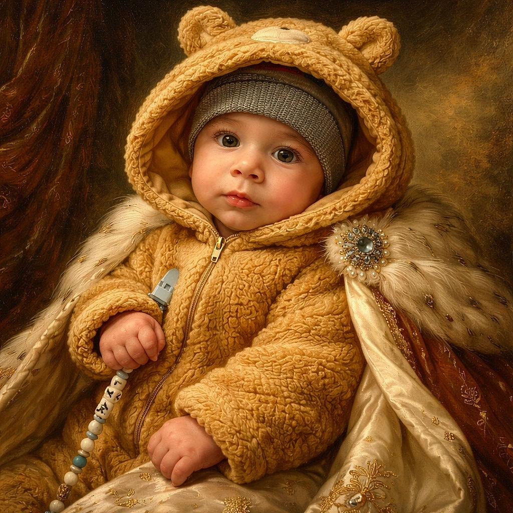 An adorable baby bundled up in a fuzzy bear hoodie and a gray beanie, being held by an adult in a busy indoor shopping area. The baby looks curiously at the camera, clutching a beaded pacifier clip, while the background shows a few shoppers and store signs.
