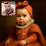 A curious baby with big eyes and a peachy headband looks up at the camera, sitting on a soft patterned play mat with cozy slippers and a textured gray blanket in the background.