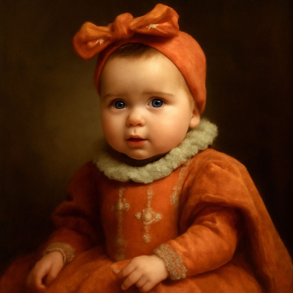 A curious baby with big eyes and a peachy headband looks up at the camera, sitting on a soft patterned play mat with cozy slippers and a textured gray blanket in the background.