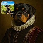 A charming Rottweiler puppy sits attentively on a grassy path under a bright blue sky with scattered clouds, wearing a pink collar and surrounded by nature. The leash lies coiled nearby, and the scene captures a perfect moment of puppy curiosity and outdoor adventure.