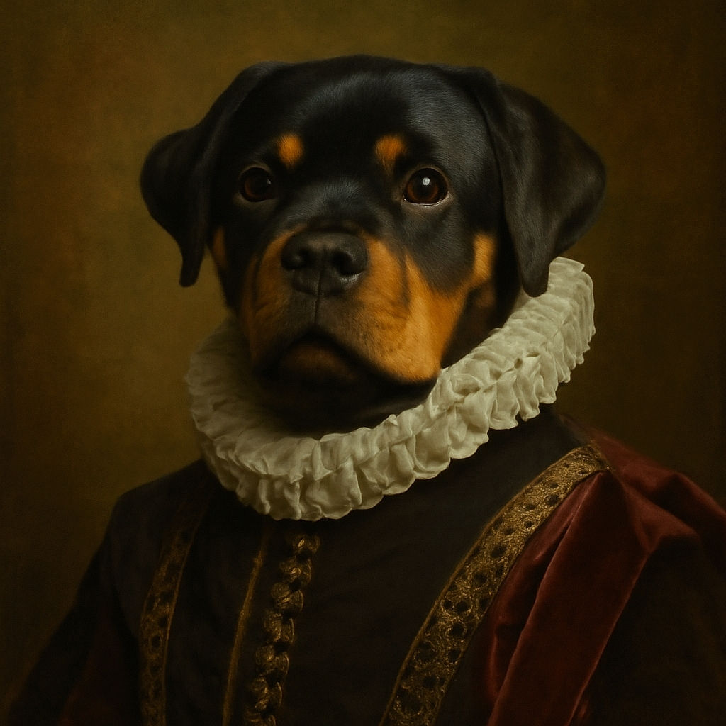 A charming Rottweiler puppy sits attentively on a grassy path under a bright blue sky with scattered clouds, wearing a pink collar and surrounded by nature. The leash lies coiled nearby, and the scene captures a perfect moment of puppy curiosity and outdoor adventure.