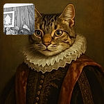 A curious tabby cat with wide eyes is perched among decorative vases and a cat-shaped statue, set against a wooden paneled wall with a framed picture of a robed figure in the background.