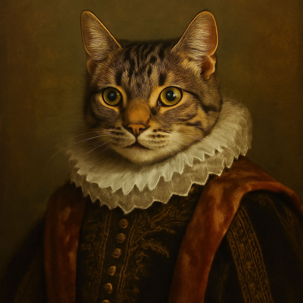 A curious tabby cat with wide eyes is perched among decorative vases and a cat-shaped statue, set against a wooden paneled wall with a framed picture of a robed figure in the background.