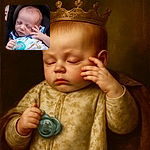 A peacefully sleeping baby clutching a turquoise pacifier, dressed in a colorful dinosaur-themed onesie, with a tiny hand resting gently on their face, nestled in a cozy dark car seat.