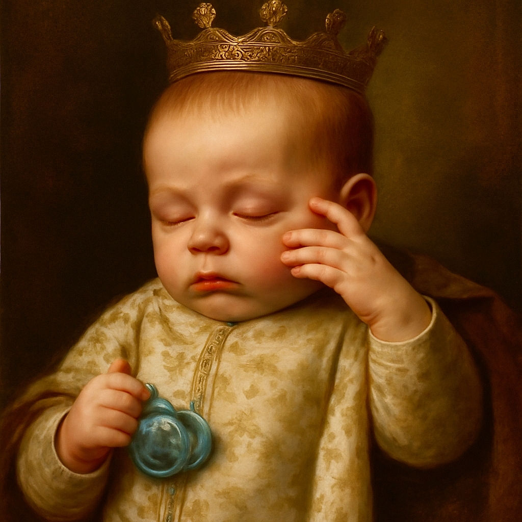 A peacefully sleeping baby clutching a turquoise pacifier, dressed in a colorful dinosaur-themed onesie, with a tiny hand resting gently on their face, nestled in a cozy dark car seat.