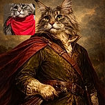 A majestic fluffy cat wearing a bright red bandana looks off into the distance with a regal and slightly curious expression, as if ready to star in a western movie or lead a feline adventure.