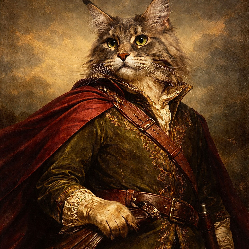 A majestic fluffy cat wearing a bright red bandana looks off into the distance with a regal and slightly curious expression, as if ready to star in a western movie or lead a feline adventure.