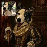 A cheerful, wonderfully fluffy border collie sits outdoors with a grin so enthusiastic it looks ready to sell you unlimited belly rubs. Its mismatched eyes, giant ears, and bright red tag steal the show, while mountains, greenery, and a patterned curtain create a sunny vacation backdrop.