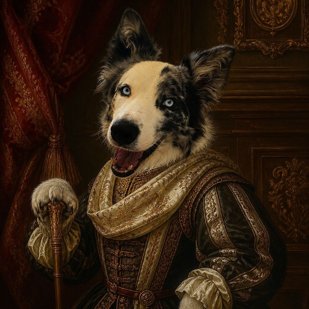 A cheerful, wonderfully fluffy border collie sits outdoors with a grin so enthusiastic it looks ready to sell you unlimited belly rubs. Its mismatched eyes, giant ears, and bright red tag steal the show, while mountains, greenery, and a patterned curtain create a sunny vacation backdrop.