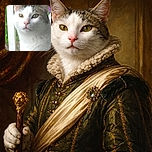 A close-up photo of a curious cat sitting by white railings, gazing intently with its bright eyes and soft fur illuminated by natural light. The background is a blurred green, giving a peaceful outdoor vibe.