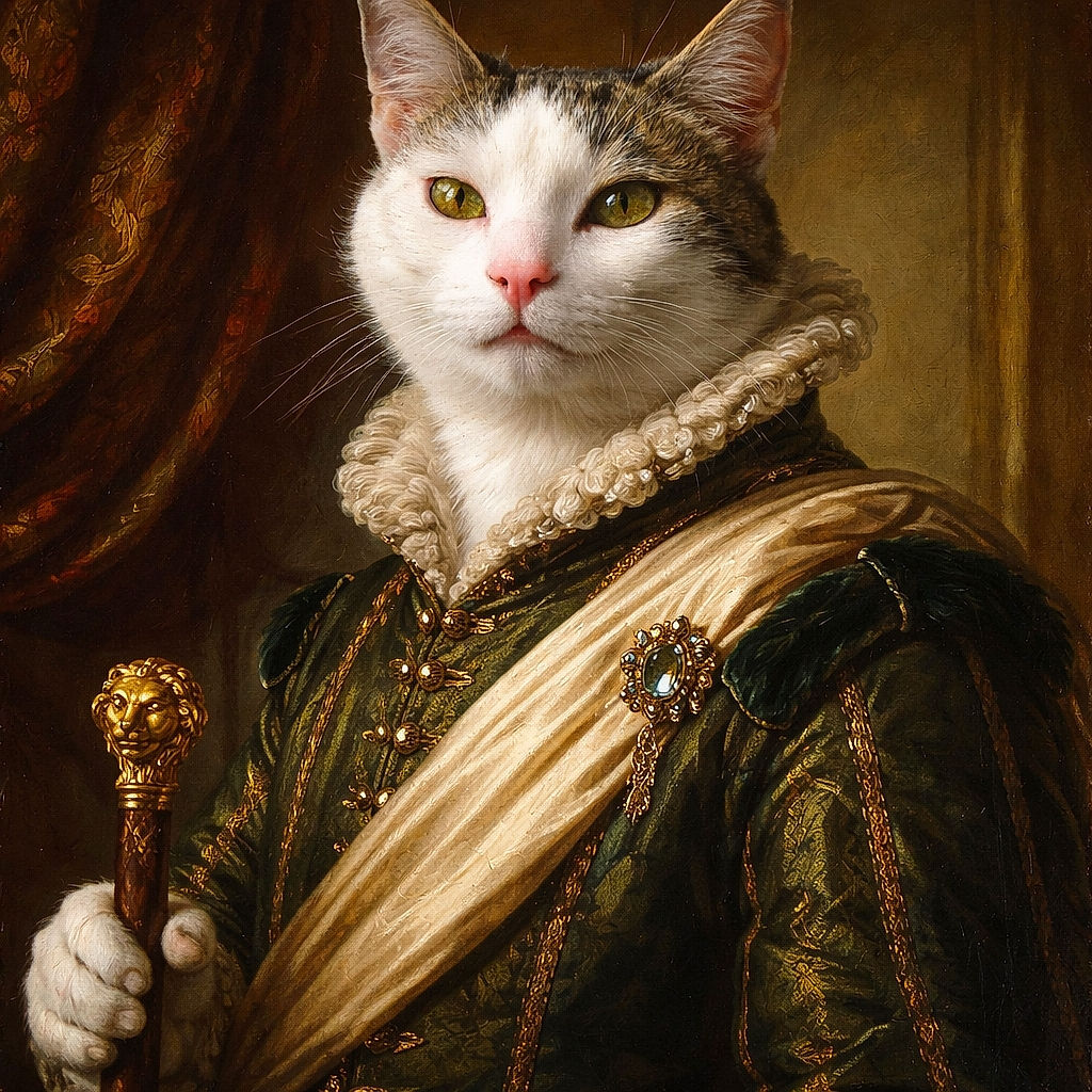 A close-up photo of a curious cat sitting by white railings, gazing intently with its bright eyes and soft fur illuminated by natural light. The background is a blurred green, giving a peaceful outdoor vibe.