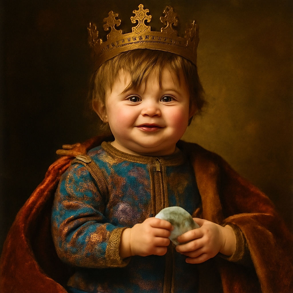 A cheerful toddler with wet hair and colorful pajamas sits on artificial grass, holding a white toy part, smiling with a bit of water dripping from their mouth, next to a bright blue water table.