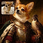 A tiny, majestic pup dominates the frame with enormous ears and soulful eyes while a sleepy shadow-dog lounges in the background — bed is claimed, whisker paparazzi on duty.