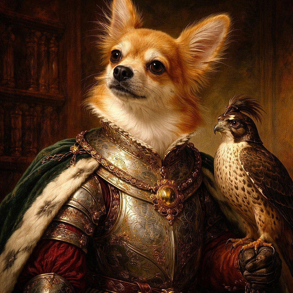 A tiny, majestic pup dominates the frame with enormous ears and soulful eyes while a sleepy shadow-dog lounges in the background — bed is claimed, whisker paparazzi on duty.