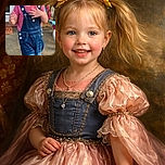 A cheerful little girl with blonde pigtails tied with yellow bows is caught mid-step on a concrete porch. She's wearing denim overalls over a pink shirt, flashing a bright smile with a playful glint in her eyes. Behind her, a stone wall and a colorful tricycle add a cozy, homey vibe to the scene.