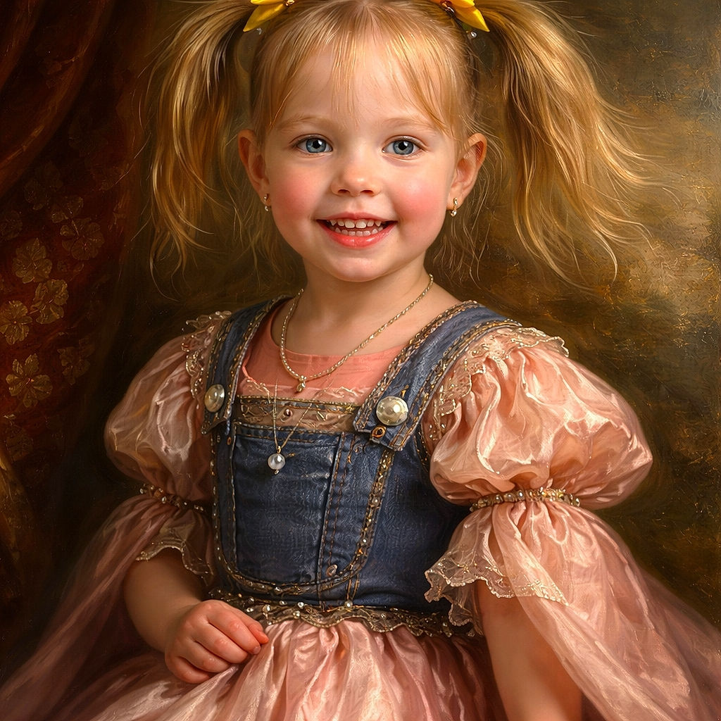 A cheerful little girl with blonde pigtails tied with yellow bows is caught mid-step on a concrete porch. She's wearing denim overalls over a pink shirt, flashing a bright smile with a playful glint in her eyes. Behind her, a stone wall and a colorful tricycle add a cozy, homey vibe to the scene.