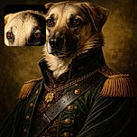 A close-up, artistic portrait of a dog's face with striking amber eyes peering through the shadows, creating a mysterious and captivating effect against a pitch-black background.