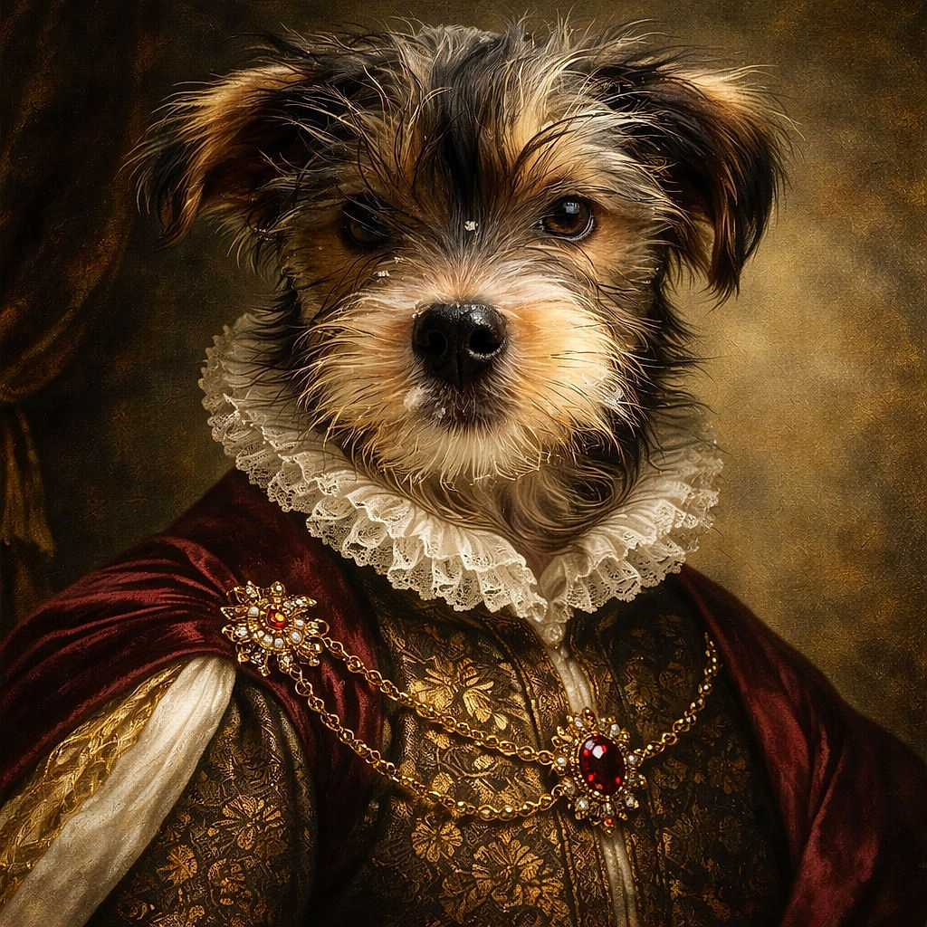 A close-up of an adorable scruffy puppy with snowflakes sprinkled on its nose and whiskers, looking curiously into the camera with a snowy background that adds a chilly charm.