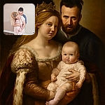 A tender family moment where a woman lovingly holds a baby, while a man peeks over her shoulder with a playful expression. The soft lighting and simple background highlight the warmth and closeness of the trio.