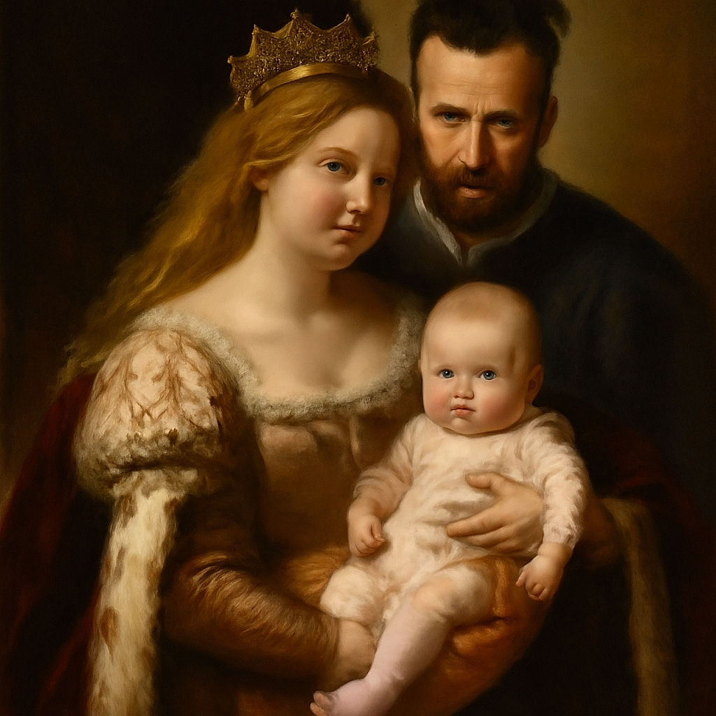A tender family moment where a woman lovingly holds a baby, while a man peeks over her shoulder with a playful expression. The soft lighting and simple background highlight the warmth and closeness of the trio.