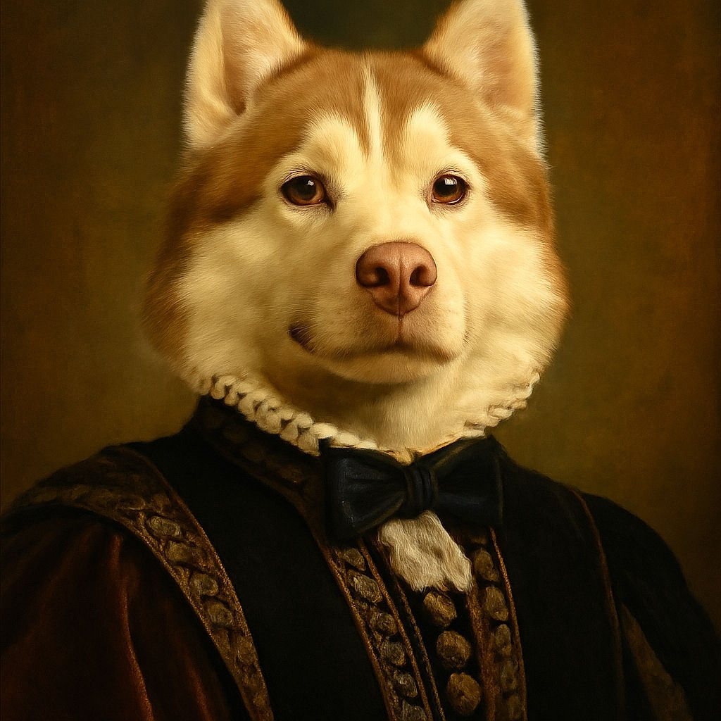 A happy husky dog wearing a black bow tie, sitting in a cozy kitchen with a tiled floor and household items in the background. The dog looks cheerful with its tongue out, giving off a charming and dapper vibe.