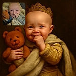 A charming baby with a mischievous smile is snuggled up in a cozy blanket, clutching a soft toy and a pacifier. The photo is slightly blurry but captures the warmth and innocence of the moment perfectly.