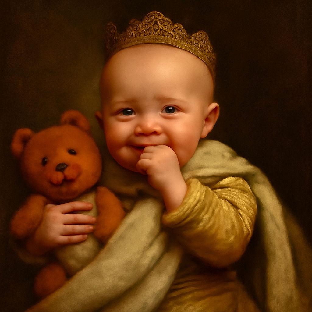 A charming baby with a mischievous smile is snuggled up in a cozy blanket, clutching a soft toy and a pacifier. The photo is slightly blurry but captures the warmth and innocence of the moment perfectly.