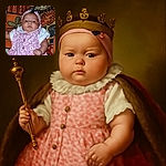 A chubby baby lies on a colorful patterned blanket, wearing a pink and white floral dress with a matching headband, gazing curiously at the camera with a slightly serious expression.