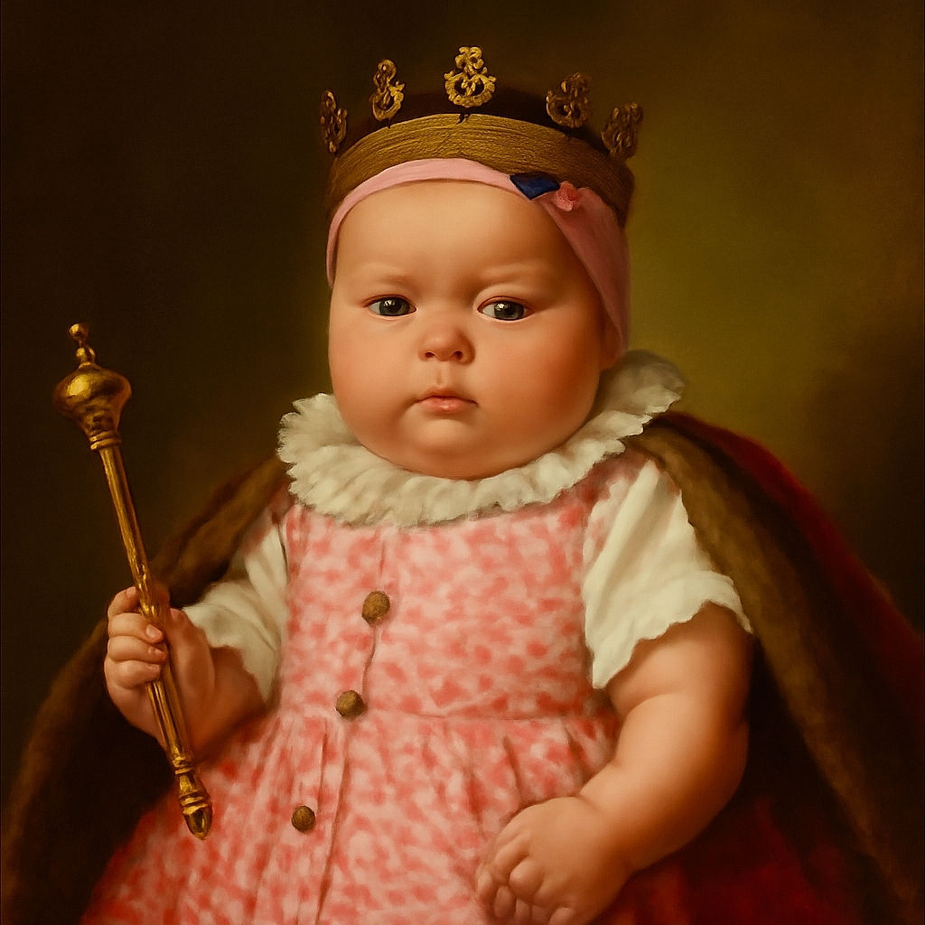 A chubby baby lies on a colorful patterned blanket, wearing a pink and white floral dress with a matching headband, gazing curiously at the camera with a slightly serious expression.