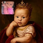 A close-up shot of a baby in a pink onesie resting comfortably against an adult, with wide curious eyes staring into the camera and a tiny hand near the face, capturing a tender and intimate moment.