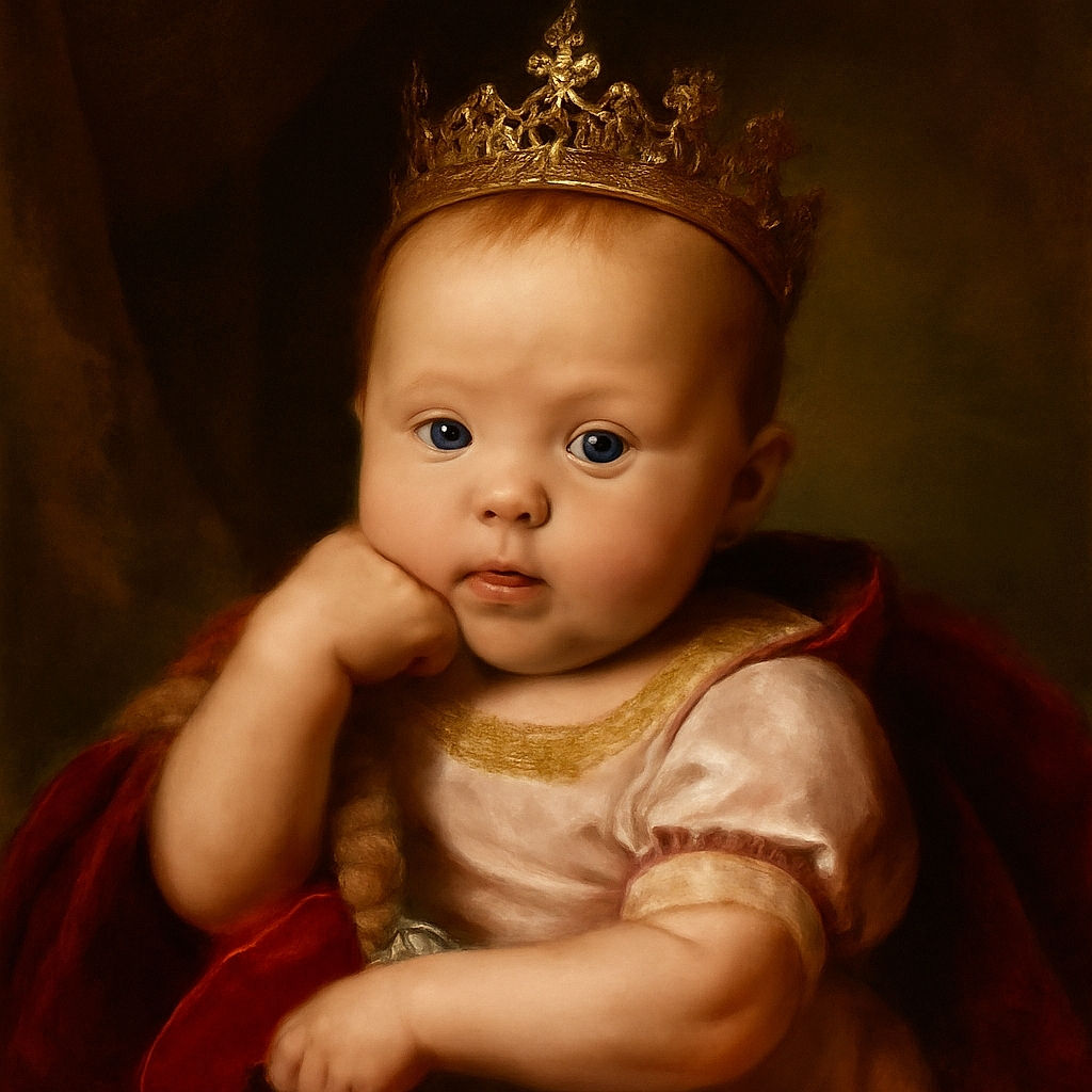 A close-up shot of a baby in a pink onesie resting comfortably against an adult, with wide curious eyes staring into the camera and a tiny hand near the face, capturing a tender and intimate moment.