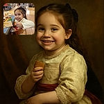 A joyful little girl with a big smile is enjoying a snack in a busy food court, holding a piece of food in one hand with fries and a juice box on the table. The background shows other diners casually eating and chatting, creating a lively atmosphere.