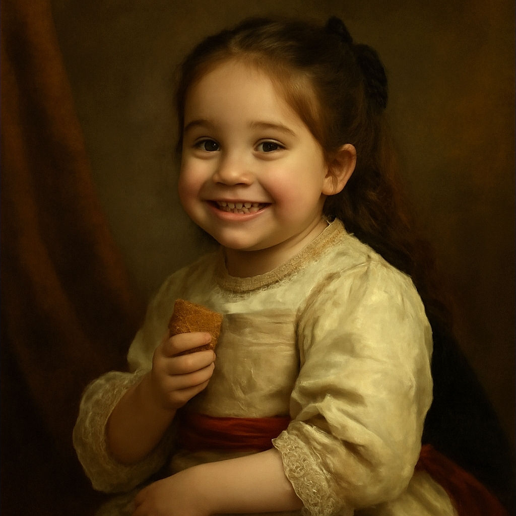 A joyful little girl with a big smile is enjoying a snack in a busy food court, holding a piece of food in one hand with fries and a juice box on the table. The background shows other diners casually eating and chatting, creating a lively atmosphere.