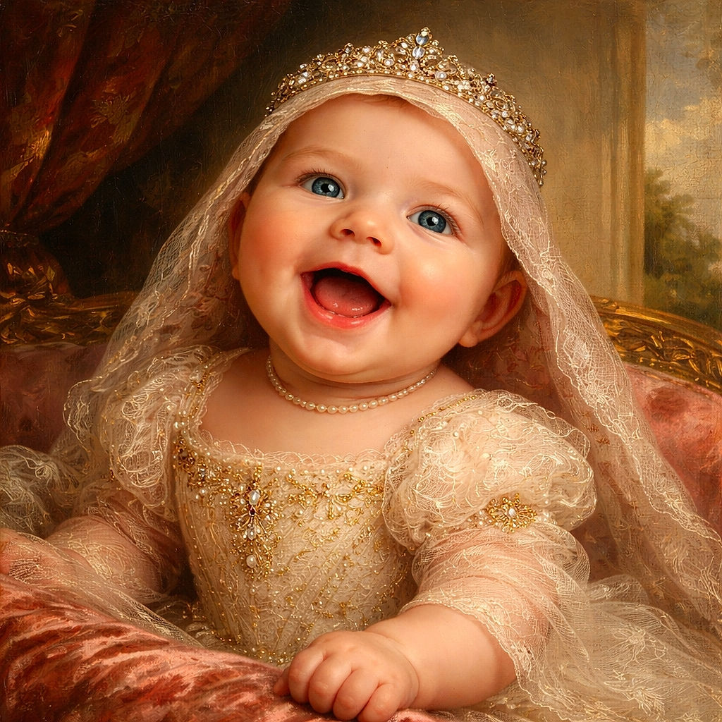 A delighted baby wrapped in a pink hooded towel grins with full-on giggle energy, taking up the foreground like a tiny cheerful boss; in the background a dresser, a water bottle and a small reflected face in the mirror add accidental cameo appearances to the cozy room scene.