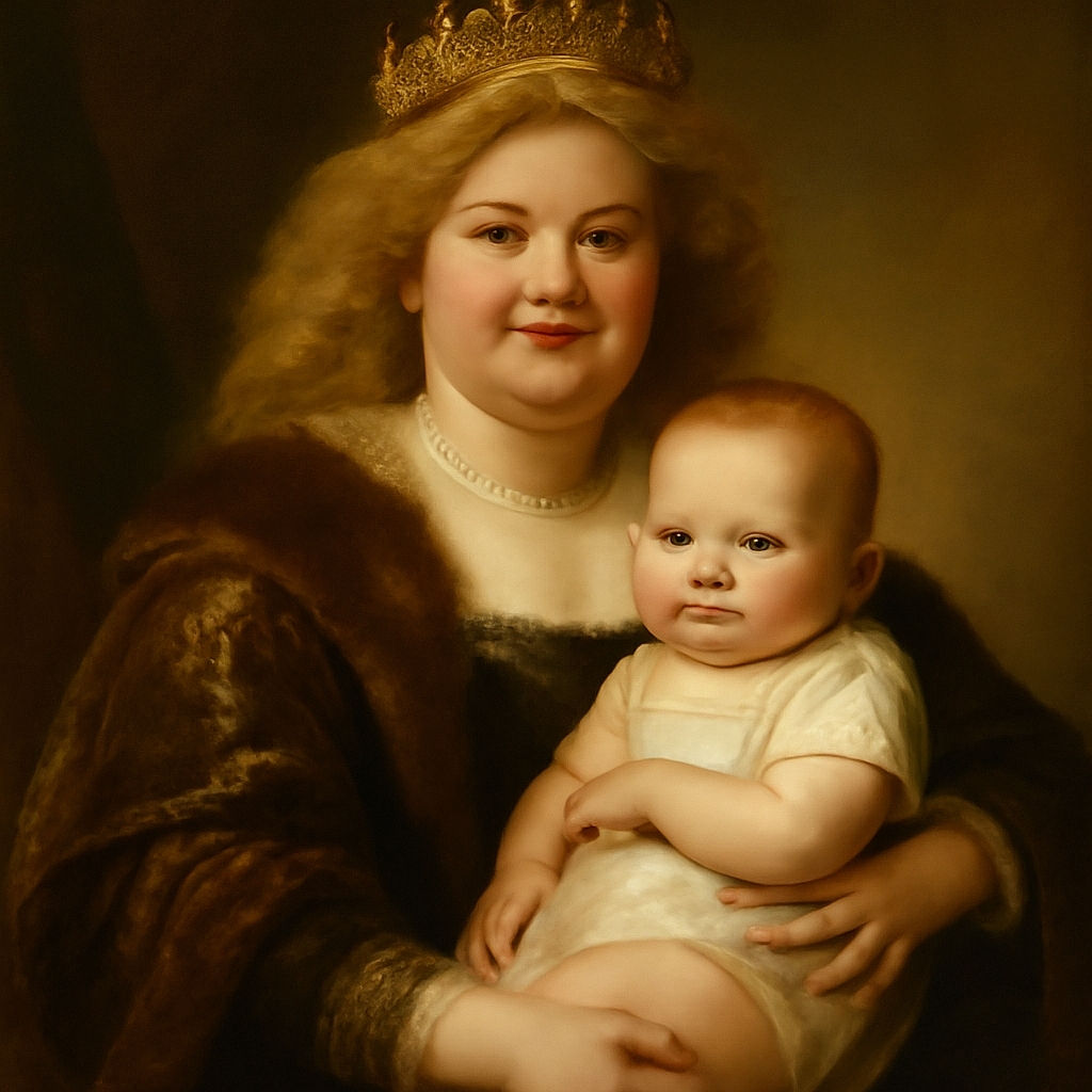 A cozy moment captured between a woman with curly blonde hair and a baby in a cute onesie that says 'Keep Looking Up!'. The baby gazes curiously at the camera while being gently held, surrounded by a soft, homey background.