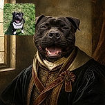 A cheerful, chunky black-and-white dog sits proudly on the lawn, flashing a grin as if it just won the neighborhood’s best-smile contest. Its chunky collar and bright white paws add extra character, while a human shoe peeks into the bottom like the photographer’s official assistant.