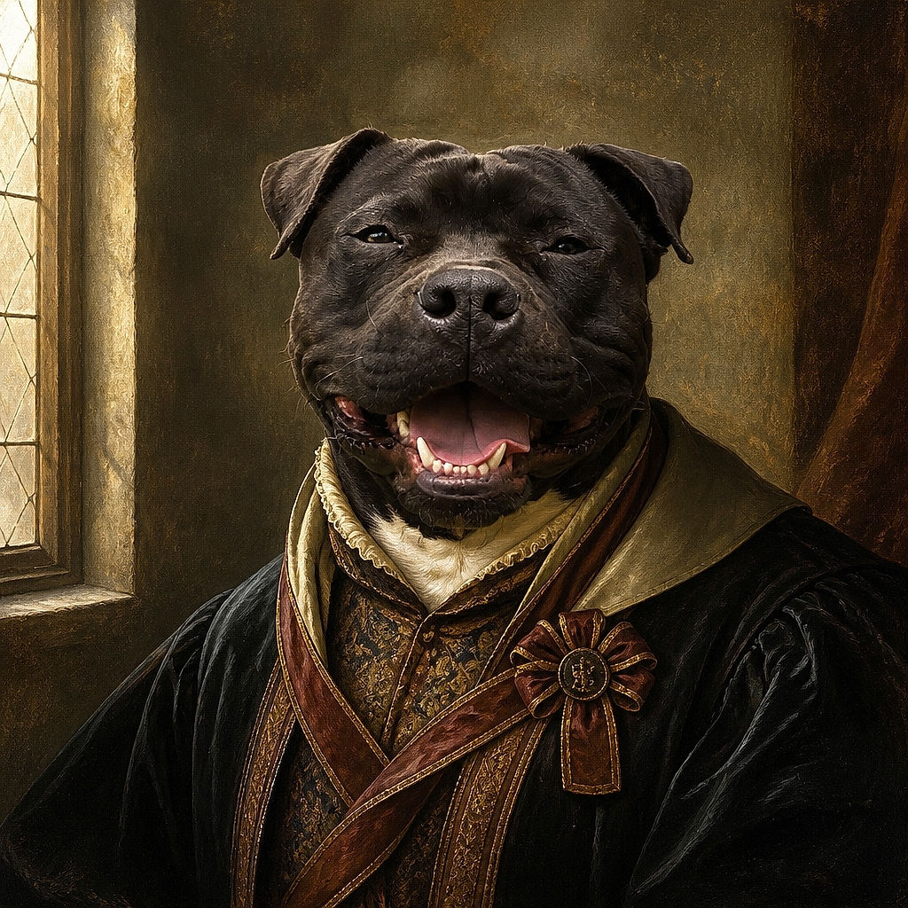 A cheerful, chunky black-and-white dog sits proudly on the lawn, flashing a grin as if it just won the neighborhood’s best-smile contest. Its chunky collar and bright white paws add extra character, while a human shoe peeks into the bottom like the photographer’s official assistant.