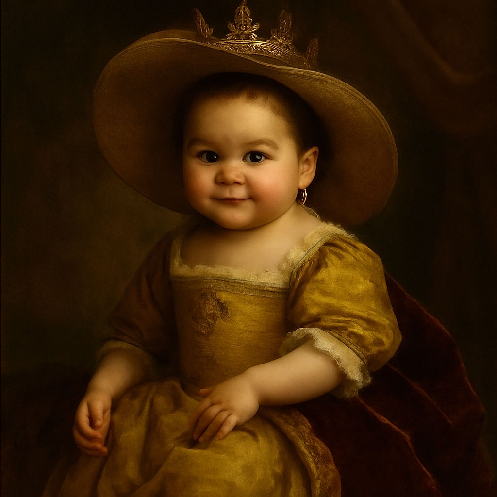 A cheerful toddler wearing a large floppy sun hat and a bright yellow dress adorned with sunflowers sits comfortably on a white sheet, flashing a heart-melting smile that could brighten anyone's day.