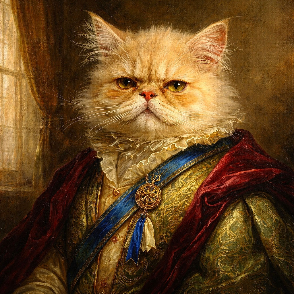 A grumpy little floof lounges like tiny royalty — one paw stretched toward a colorful blanket, half-lidded eyes judging your life choices while a soft curtain bokeh provides the dramatic backdrop.