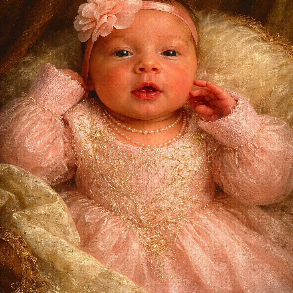 A cute baby dressed in a cozy pink knit sweater with the name 'Allison' embroidered on it, wearing a matching pink headband with a large flower, lying on a soft textured blanket and looking curiously at the camera.