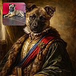 A charming puppy lounges on a sleek tiled floor against a vibrant red leather backdrop, looking curiously at the camera with its ears perked up, radiating cozy indoor vibes.