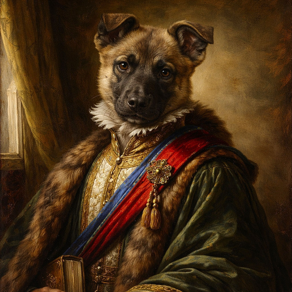 A charming puppy lounges on a sleek tiled floor against a vibrant red leather backdrop, looking curiously at the camera with its ears perked up, radiating cozy indoor vibes.