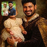 A joyful man with a beard holds a gleeful baby dressed in a cute cream dress, both smiling brightly against a lush green leafy background, radiating pure happiness and warmth.