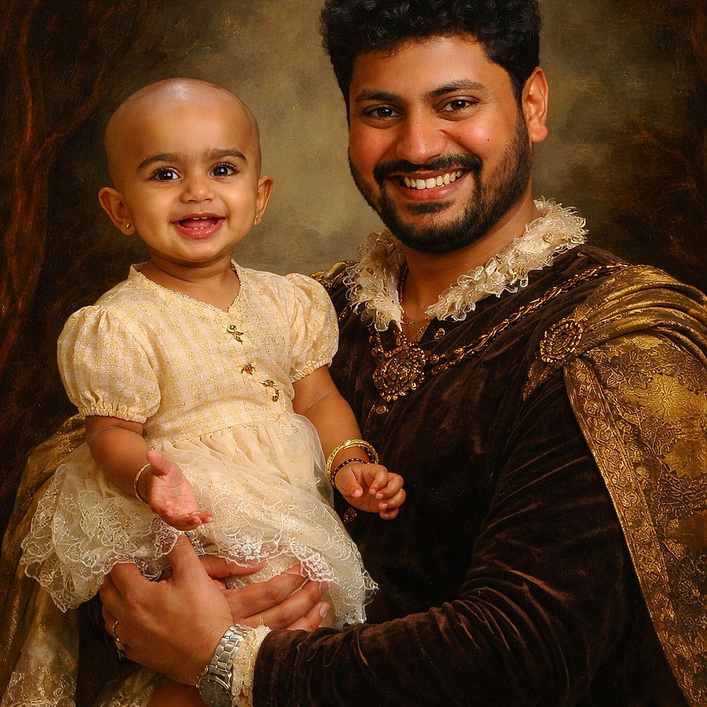 A joyful man with a beard holds a gleeful baby dressed in a cute cream dress, both smiling brightly against a lush green leafy background, radiating pure happiness and warmth.
