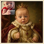 A wide-eyed baby in a bright red outfit stares into the camera like a tiny detective who has just discovered the shocking mystery of sleeves, while being cuddled by an adult in the background.