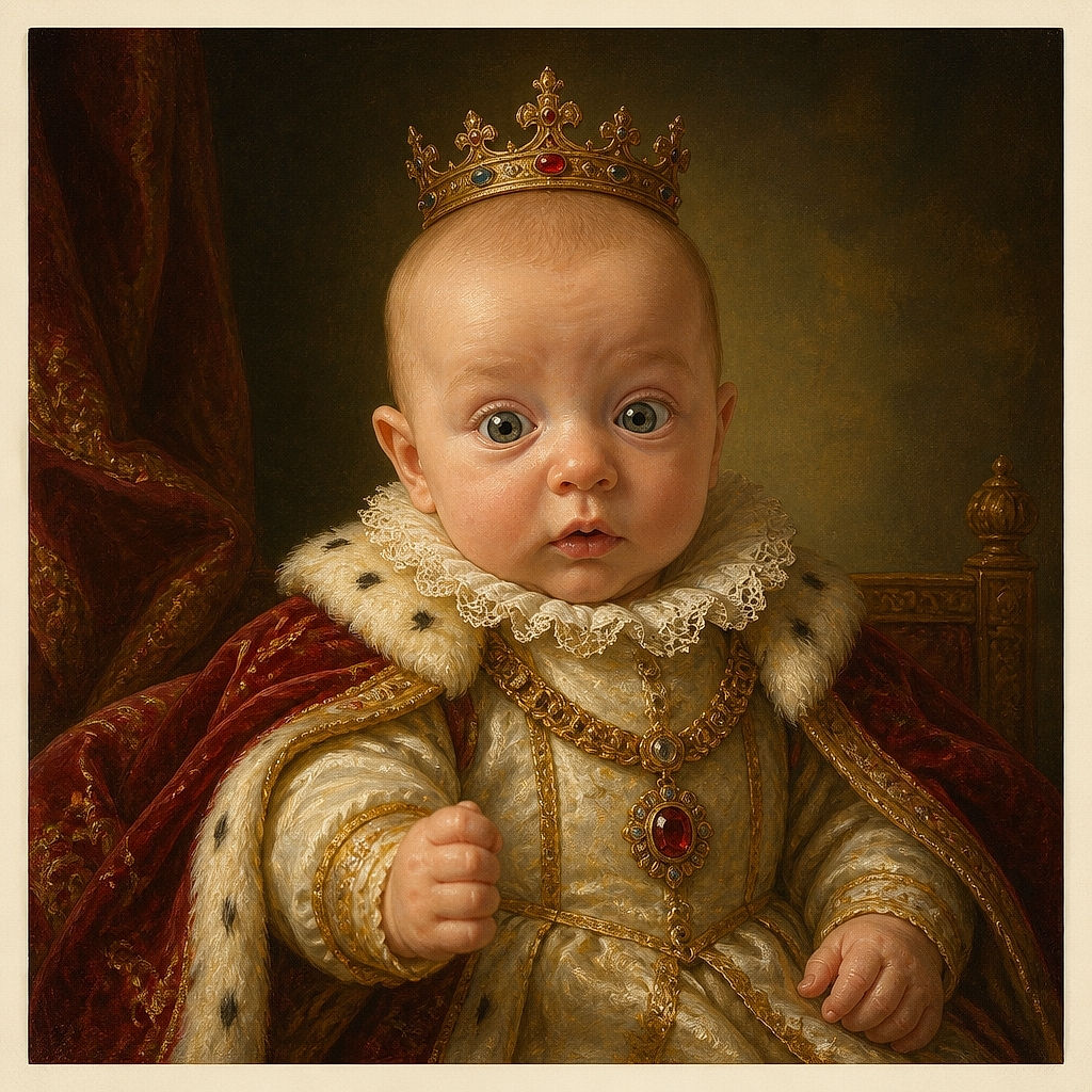 A wide-eyed baby in a bright red outfit stares into the camera like a tiny detective who has just discovered the shocking mystery of sleeves, while being cuddled by an adult in the background.