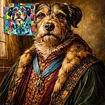 A vibrantly colorful artistic painting of a dog with swirling patterns and geometric shapes in the background, giving a psychedelic and lively vibe.
